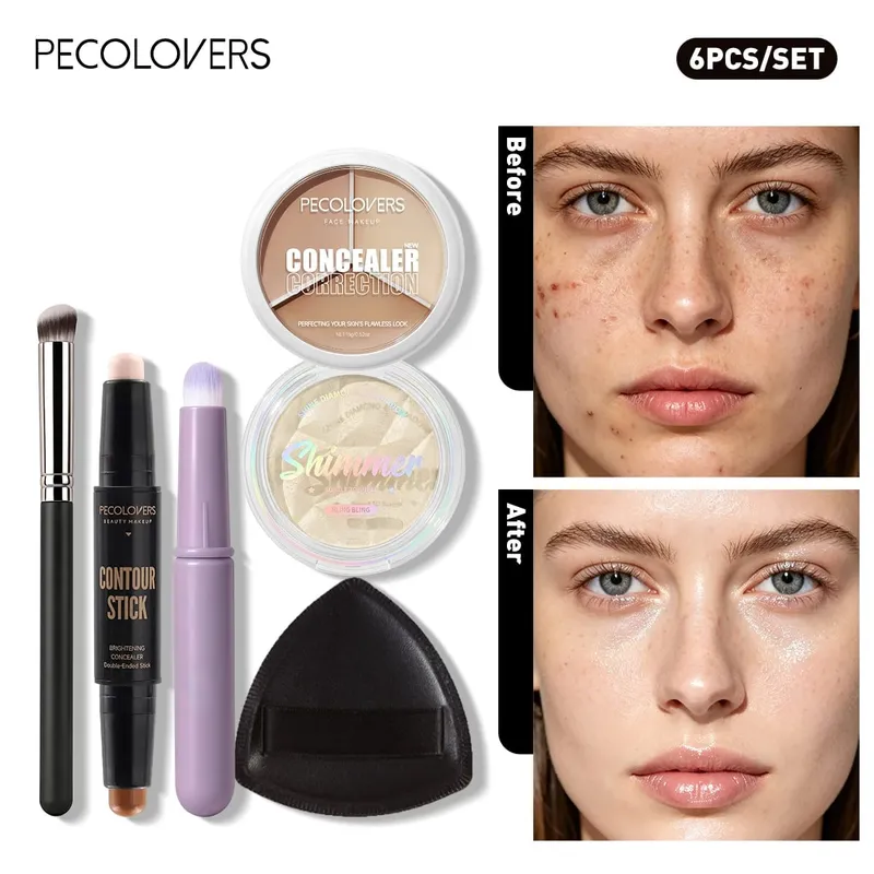 6PCS/SET Three-color Concealer Double-head Contour Stick Sparkle Highlight Palette Puff And Makeup Brush Set