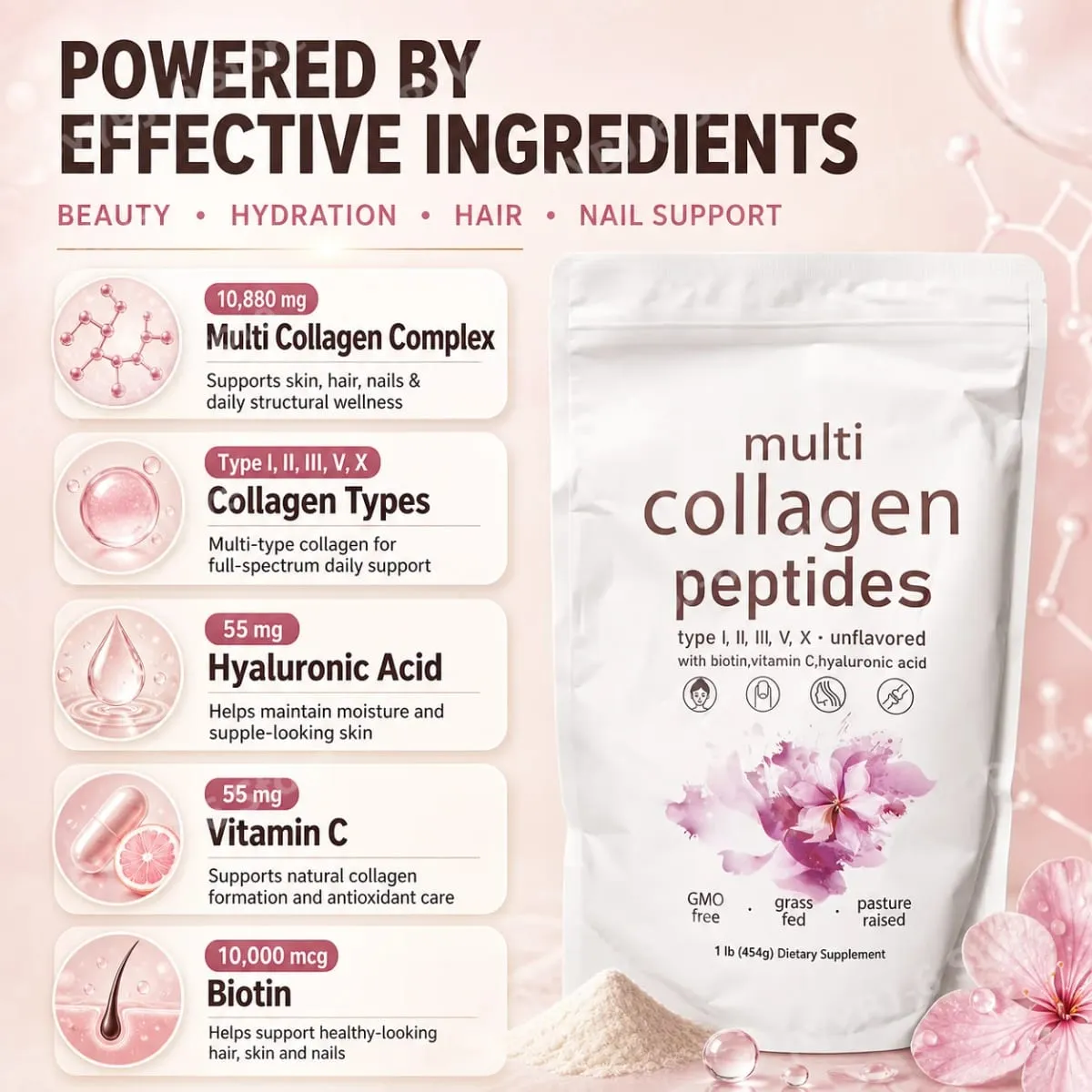 Multi Peptídeos de Colágeno em Pó 454g Mistura de Colágeno Sem Sabor com Vitamina C Biotina Ácido Hialurônico Pele Cabelo Unhas Suporte