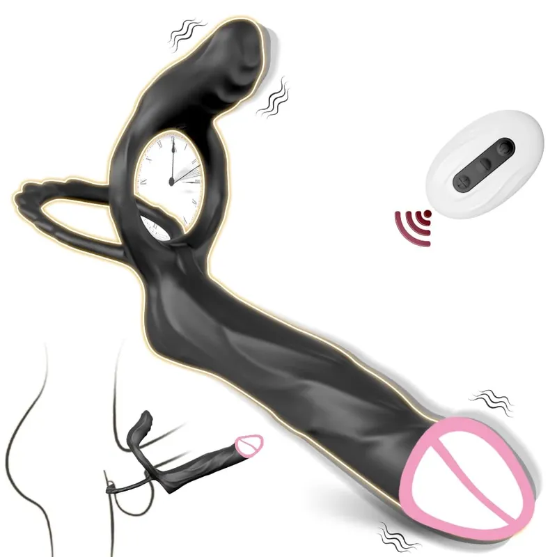 Vibrador de penetração dupla para casal, anel peniano de sêmen, anel peniano, ampliação do pênis, brinquedos sexuais vibratórios retardados para homens adultos