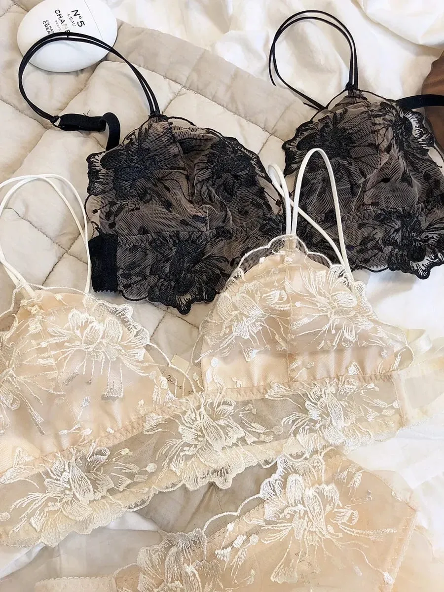 Embroidered Lace Bralette Set Triangle Cup Wireless Bra for Large Breasts Ultra Thin & Breathable Lingerie