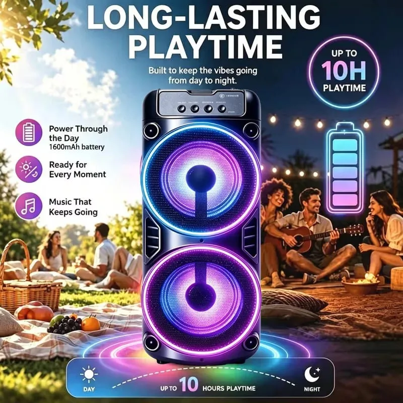 Alto-falante Bluetooth profissional grande design portátil com luzes LED JBL Subwoofer Party Box compatível com BT/USB/TF/AUX/FM/TWS/MIC/EQ Funções Karaokê profissional. Presente ideal para aniversários, Natal e Ano Novo — image 6