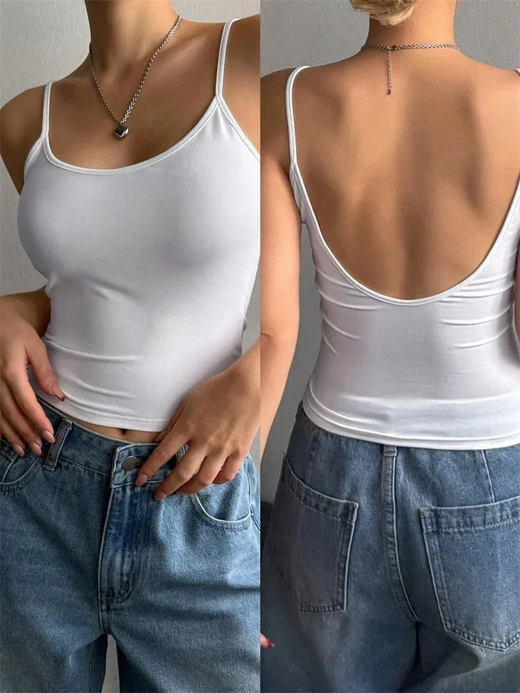 Mulheres sem costas cami colheita topo verão cor sólida casual sem mangas topo streetwear y2k roupas — image 12