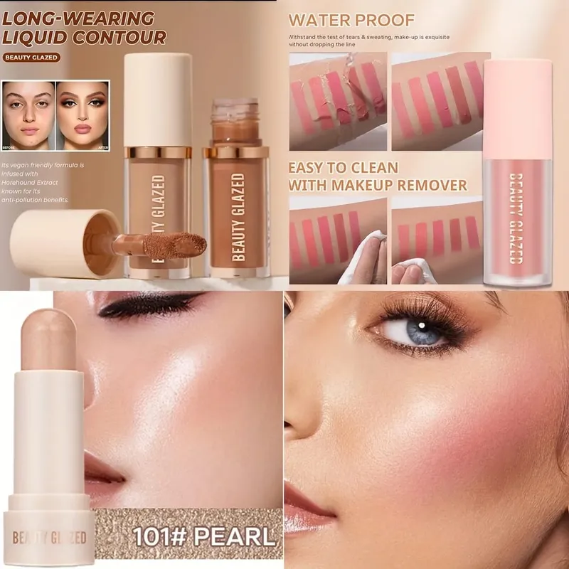 3pcs Face Highly Pigmented Liquid Contour Makeup Set Long Lasting Natural Contour Contouring Bronzer (Contour+Blush+Highlighter)