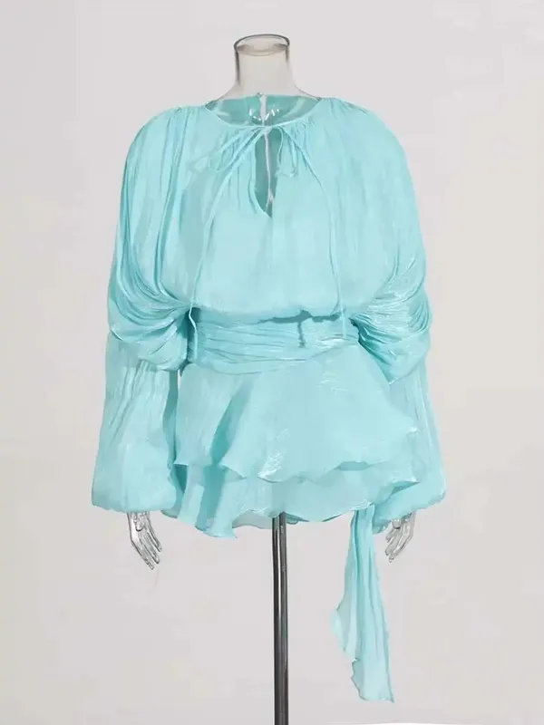 Blusa sólida mini vestidos para mulheres com decote em v manga longa emendado rendas até vestido estilo doce roupas femininas moda — image 21