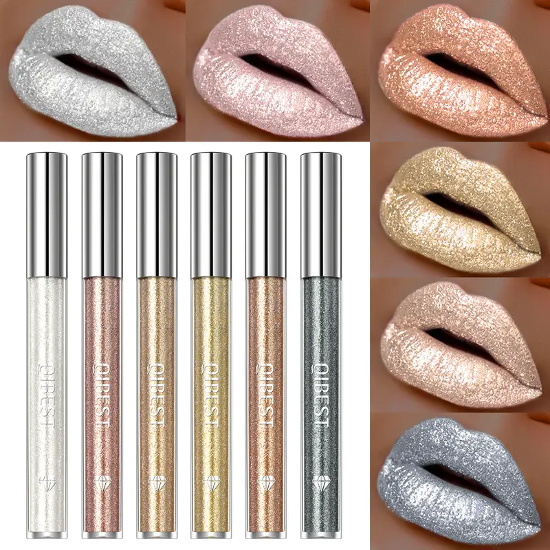 Glitter diamante batom líquido à prova dlong água longa duração pérola brilhante brilho labial metal encantador feminino maquiagem labial 6 cores