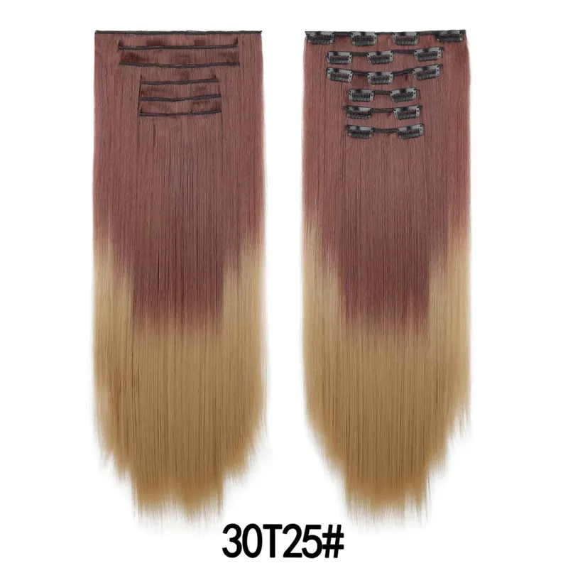 6PCS Set Clip In Hair Extensions 24Inch Long Straight Full Head Synthetic Hair Ombre Gradient Color Daily Use for Women Ladies