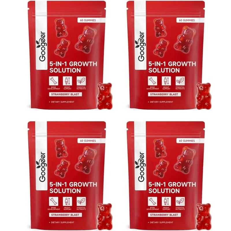 Googeer 5 em 1 solução de crescimento gomas para desenvolvimento ósseo e suporte de altura vitamina D3 K2 cálcio morango explosão 60 gomas