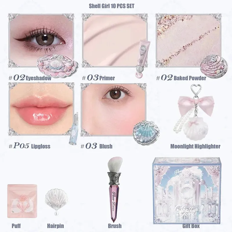 Flor sabe conchas pérola sombra essência lábio mel blush bochecha maquiagem frente oceano caixa de presente kit maquiagem profissional completo