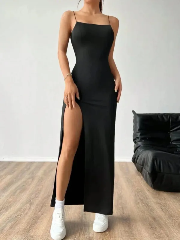 Vestido feminino de cor sólida com fenda alta e alça espaguete
