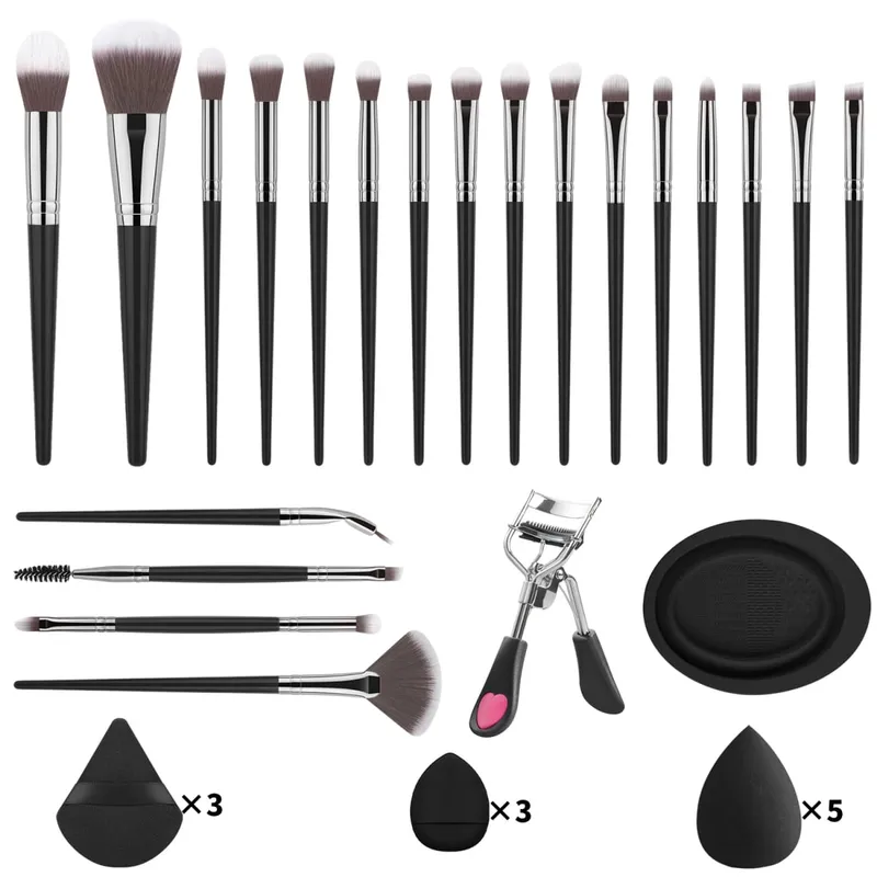 33Pcs Makeup Tool Kit 20 Makeup Brushes With Powder Puff Cleaning Bowl Eyelash Curler Full Face Eye Makeup Set