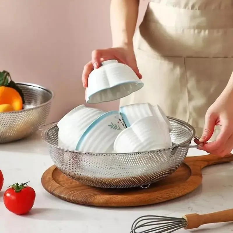 ♥Stainless Steel Kitchen Hole Dense Mesh Sifter Colander Strainer Sieve Baskets for Washing Fruits/Vegetables/Rice