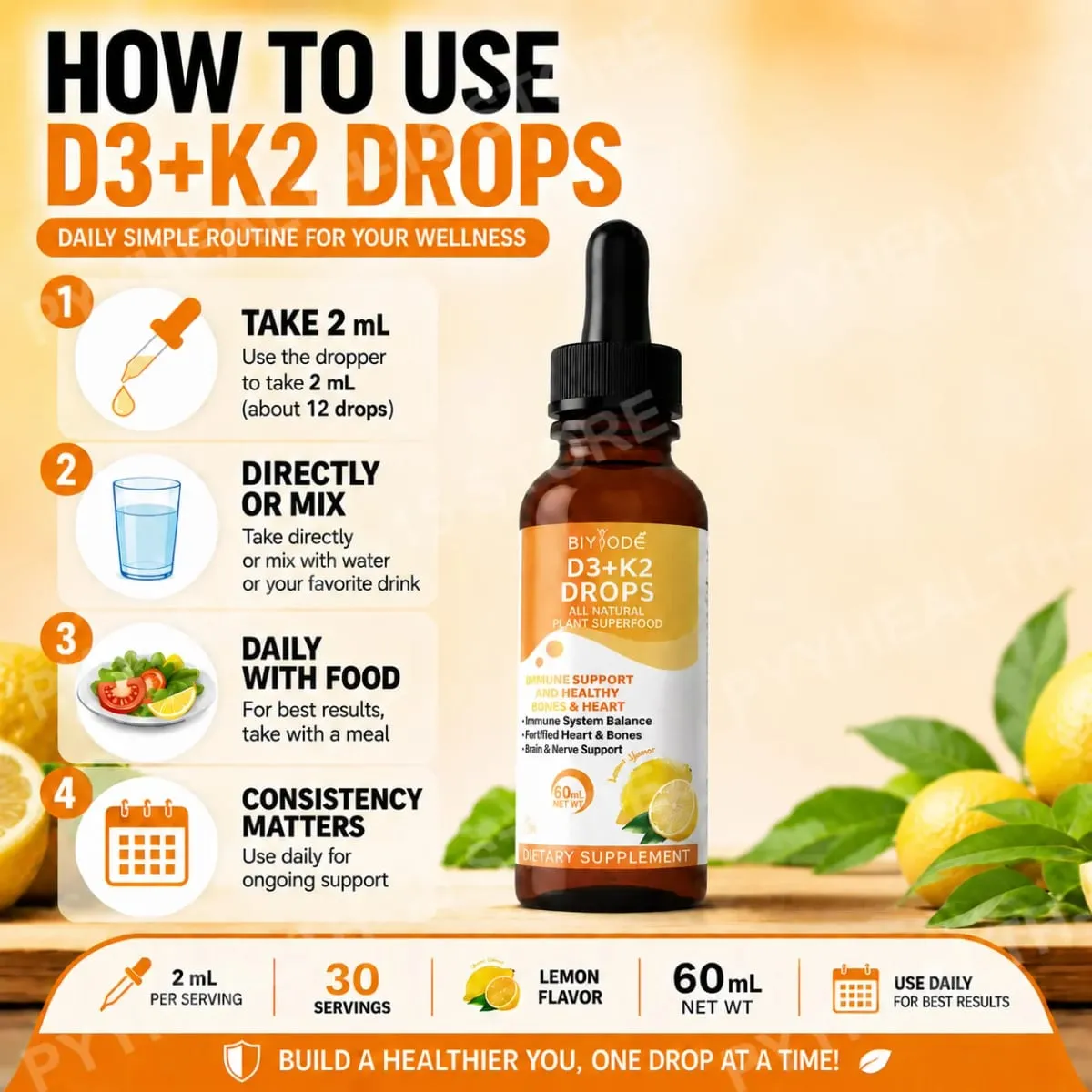 Vitamina D3 K2 Gotas Líquidas Absorção de Cálcio e Suporte Ósseo 1000 UI D3 com Sabor Limão K2 60 ml 30 Porções