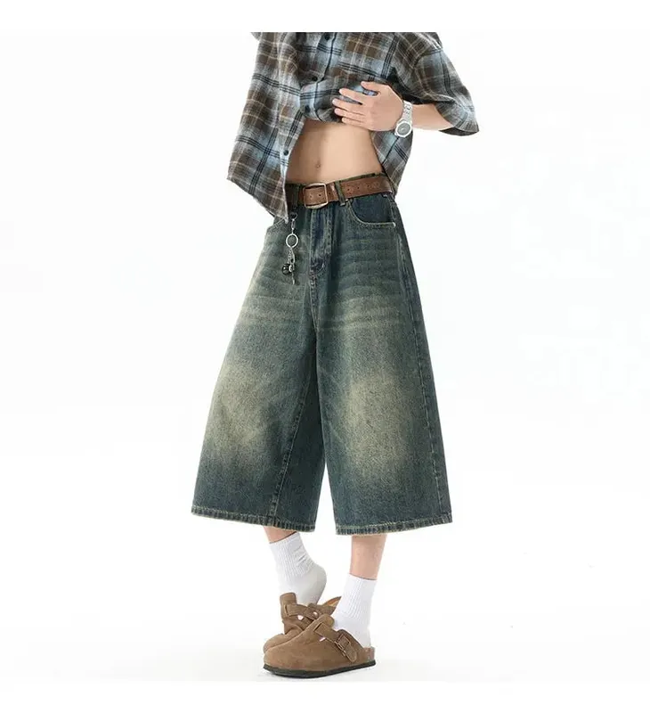 Pantalones Cargo con múltiples bolsillos, pantalones vaqueros cortos de verano, ropa informal estilo Hip Hop, pantalones cortos vaqueros holgados, pantalones Capris de pierna ancha informales 5XL-M