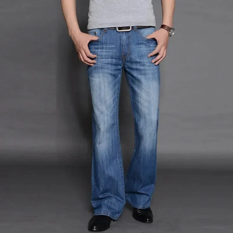 Denim queimado calças de brim dos homens boot corte denim calças confortáveis ​​ligeiramente magro clássico solto casual azul preto para masculino bootcut