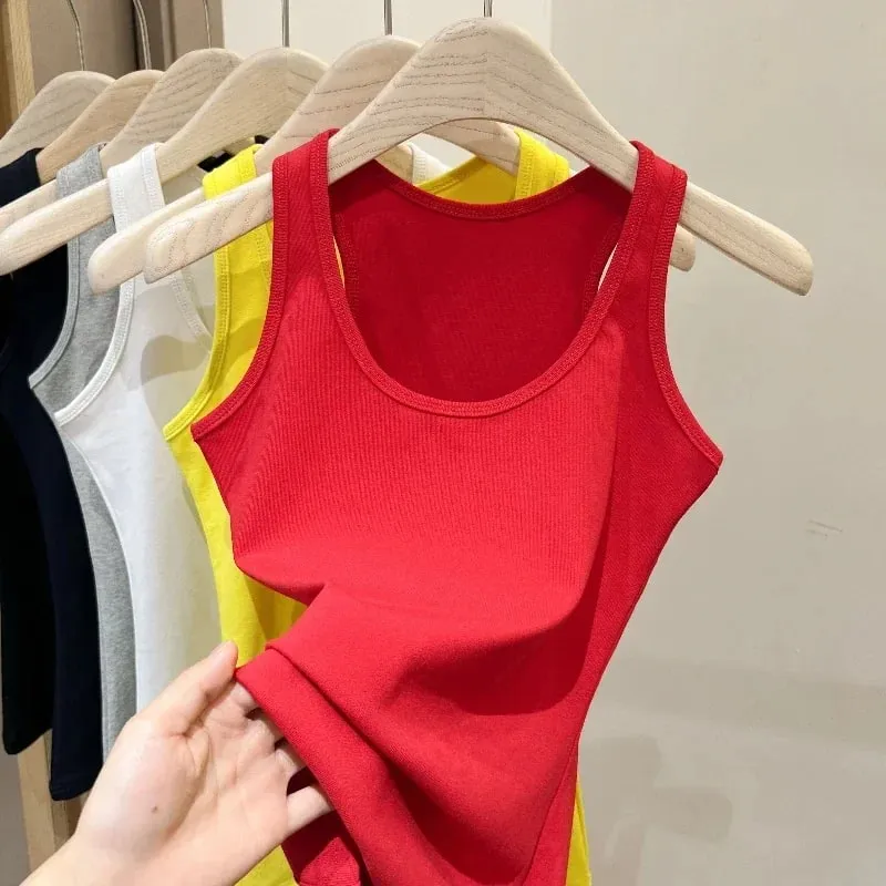 New Korean Style U-Neck Sleeveless Strap Tank Tops Slimming Base Layer Top Fashion Minimalist Design Summer Female Solid Camis