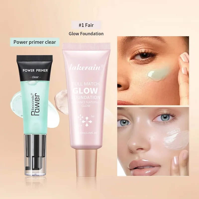 Pó aperto primer gel & brilho fundação kit de maquiagem hidratante suavização da pele leve iluminar brilhante fase cosméticos combinação