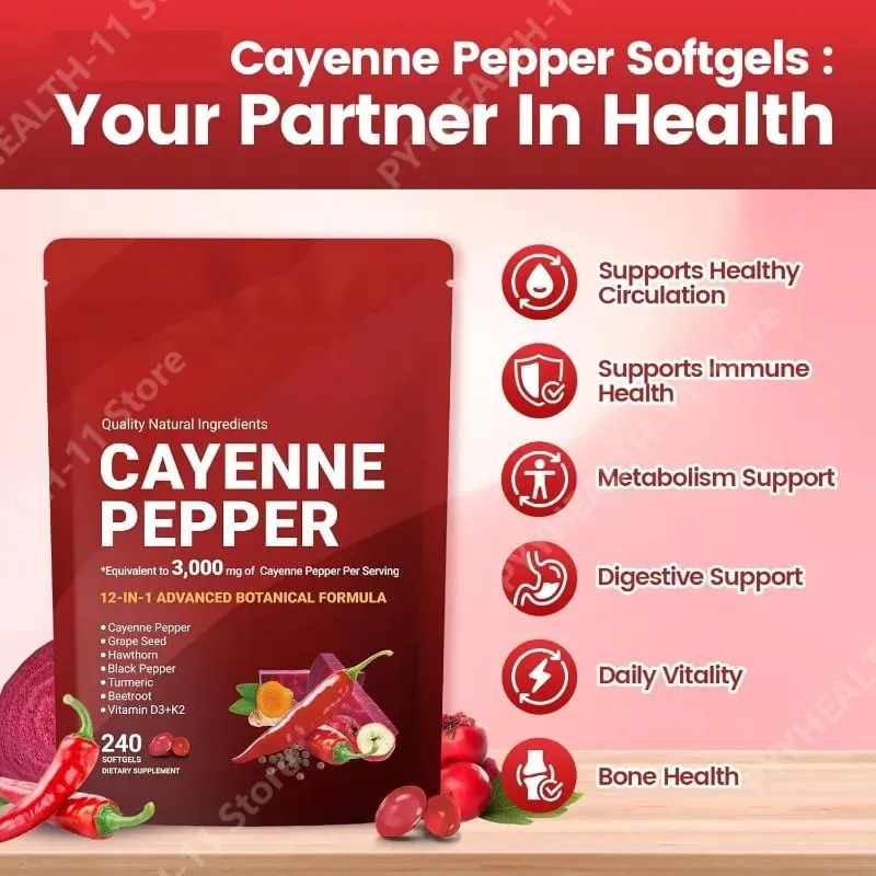 Suplemento de cápsulas de pimenta caiena com semente de uva, beterraba, cúrcuma, vitaminas D3 K2, suporte de ervas, veias das pernas, saúde dos vasos sanguíneos