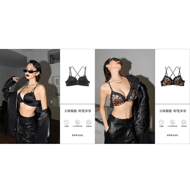Victoria estilo conjunto de lingerie sem fio rosa leopardo padrão fechamento frontal sutiã sensual volta push up para busto pequeno 32-38