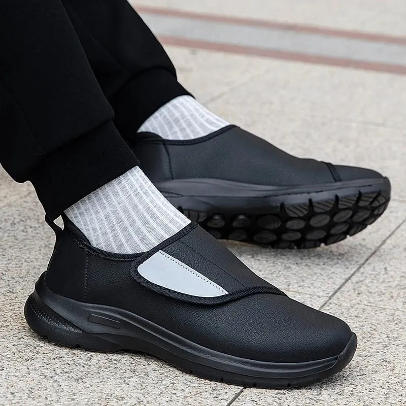 Tênis ortopédico masculino de couro para diabéticos, gancho ajustável e laço, sapatos abertos para pés inchados, sapatos confortáveis ​​para caminhada