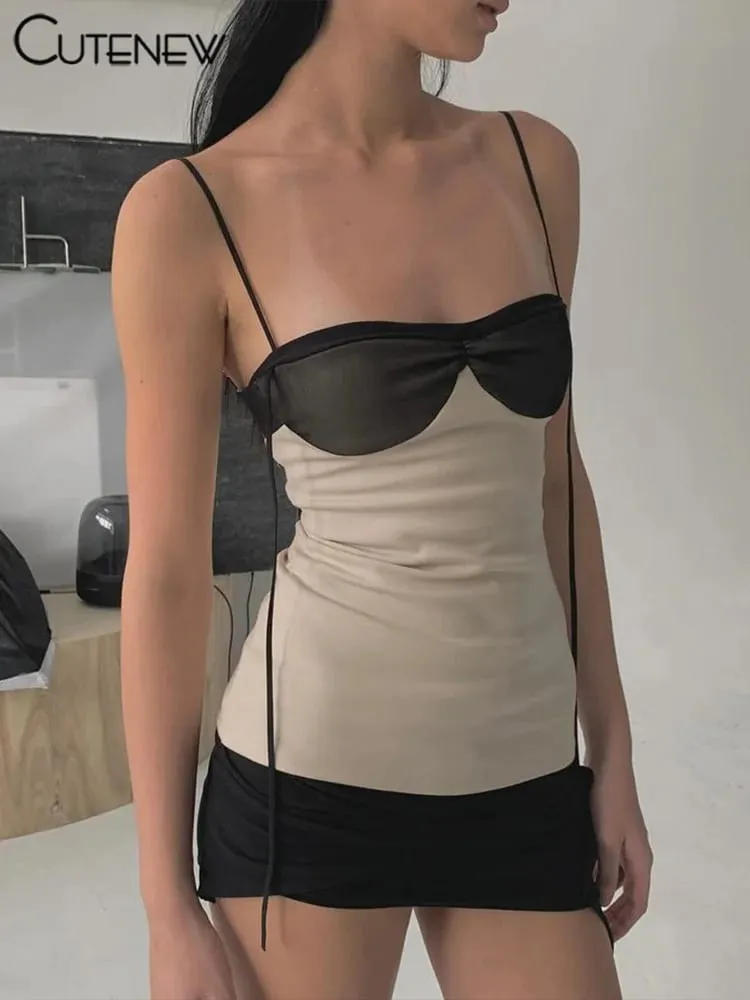 Cutenew painel feminino mini vestido conciso borla retalhos envolto peito irregular sem costas super-curto vestido tendência streetwear