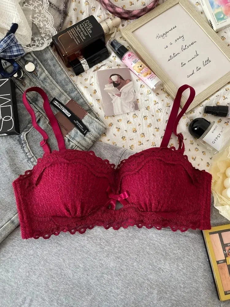 Novo conjunto de lingerie de renda sem fio sutiã acolchoado meia xícara pequeno busto impulso sexy anti-sag roupa interior feminina toda a temporada S-XLAB copo
