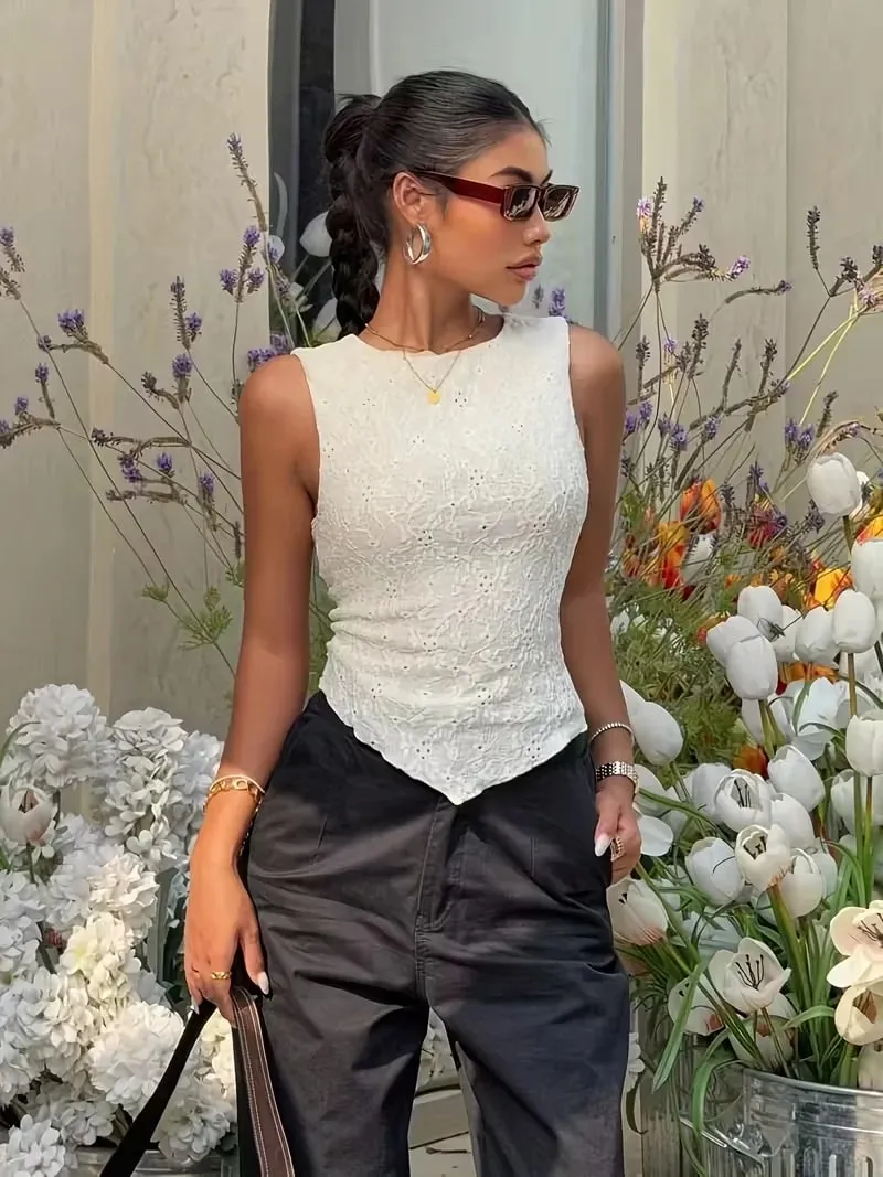 Women's Y2K Double-Layer Lace Slim Shoulder Strap Vest - Asymmetrical Hem Round Neck Lightweight Summer Shirt