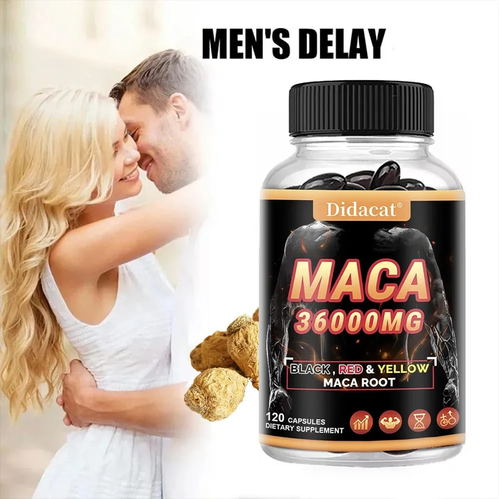 Cápsulas orgânicas em pó de raiz de maca com suplemento de extrato de raiz de maca preto + vermelho + amarelo para homens e mulheres - 120 cápsulas