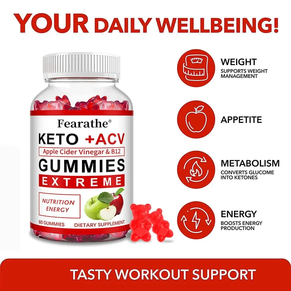 Fearathe Slimming Keto Apple Cider Vinegar Gummies Supplement Weight Loss Reduces Anxiety & Stress Boost Immune System