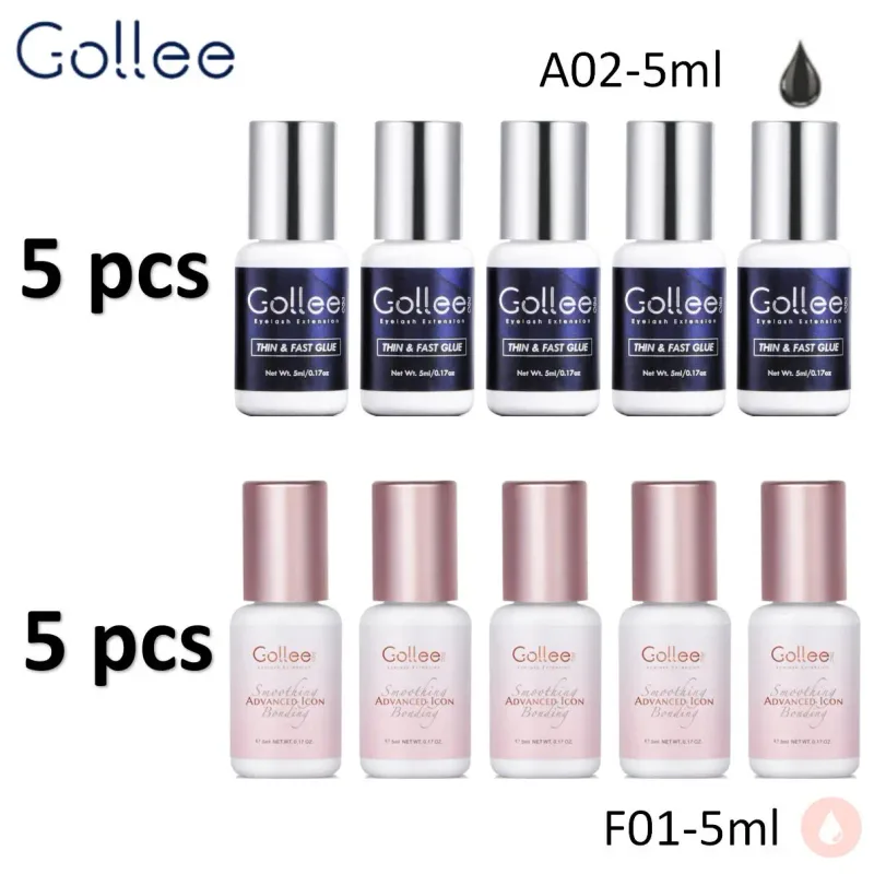 Gollee 5pcs Pink Clear Eyelash Grafting Glue And Gollee 5pcs Fast Drying Black Eyelash Extension Adhesive Private Label Accepted