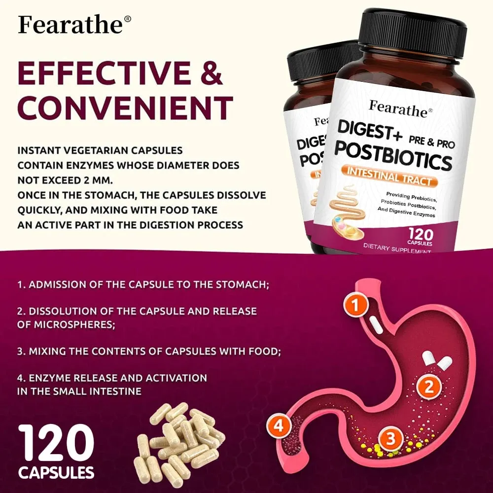 Cápsulas digestivas + prebióticas + probióticos apoiam enzimas digestivas, saúde intestinal, imunológico, aliviam o inchaço