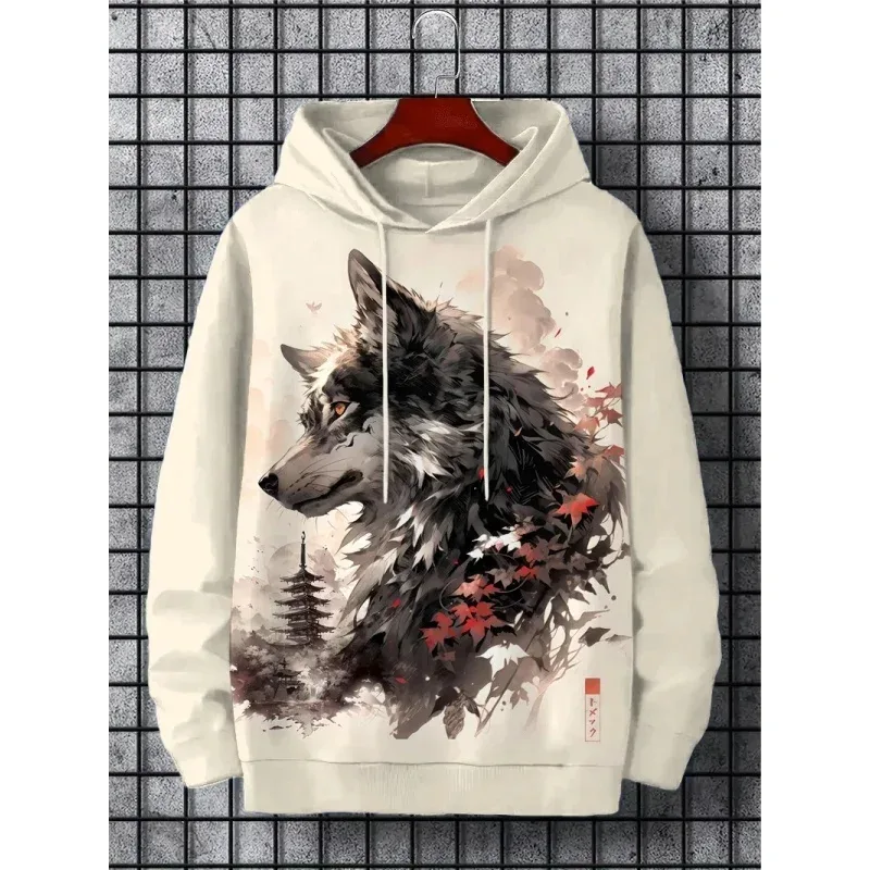 3d impresso ondas macarrão moletom com capuz para homens legal lobo padrão manga longa topos moletom casual harajuku pulôver solto hoodies