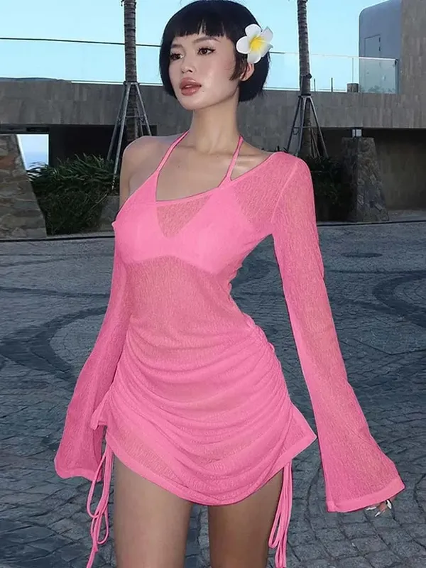 Feminino sólido gola inclinada alças franzidas rendas transparentes cordão mini vestido verão 2025 festa clubwear