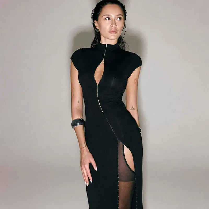 Black High Slit Dresses Half Turtleneck Zipper Slim Hip-Wrapped Long skirt Sexy Hot Girl Nightclub Dress For Women Streetwear — image 5