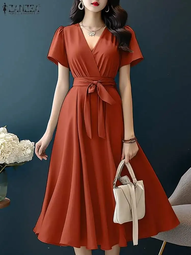 2024 Elegant Short Sleeve A-line Dresses Women Fashion Solid Color Holiday Belted Vestidos Casual V Neck Midi Sundress