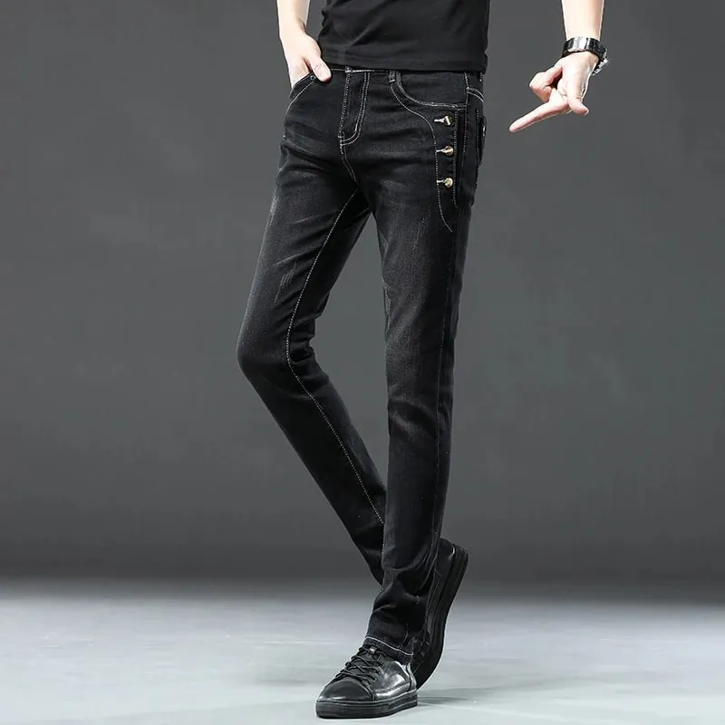 Novos homens magro coreano botão jeans preto magro cor sólida estiramento multi-botão juventude masculino calças jeans streetwear