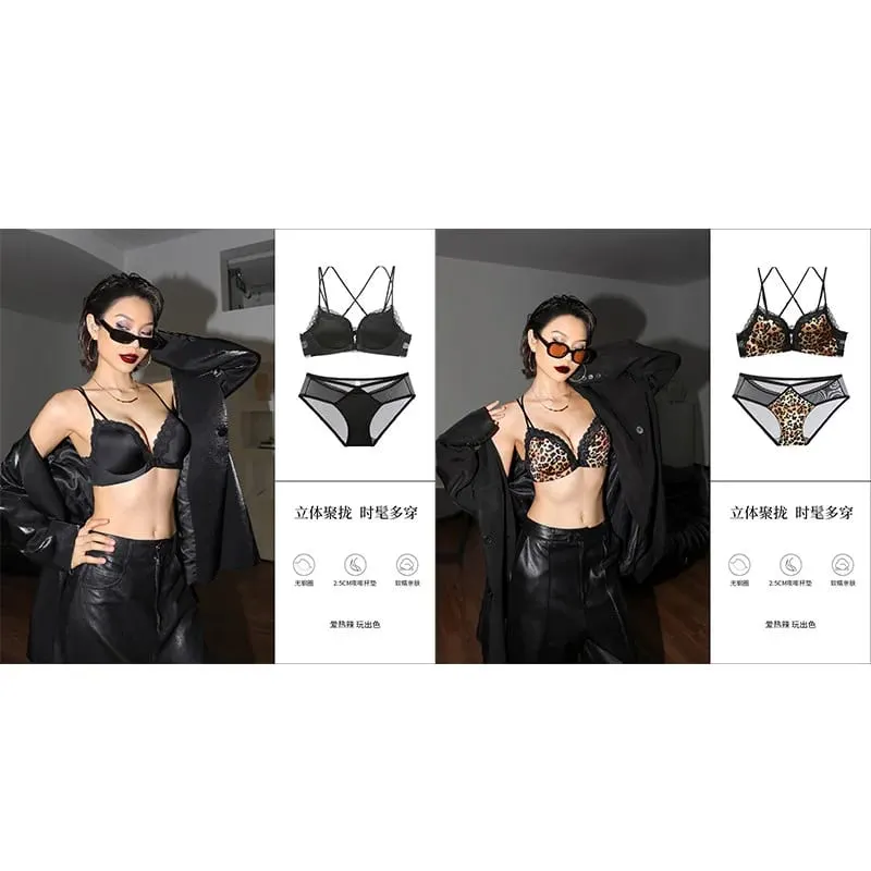 Victoria estilo conjunto de lingerie sem fio rosa leopardo padrão fechamento frontal sutiã sensual volta push up para busto pequeno 32-38