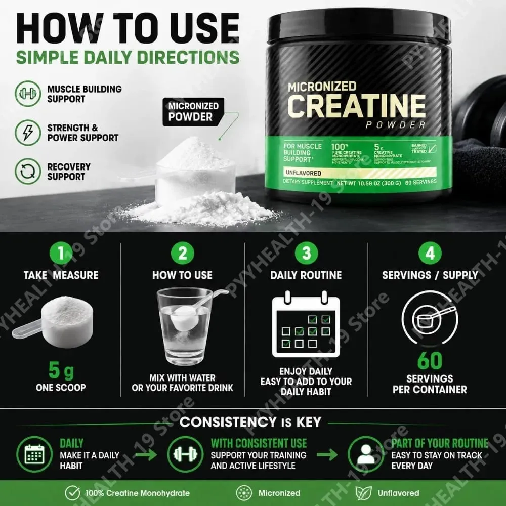 Creatina monohidratada micronizada, pó puro e sem sabor para construção muscular, força, suporte de recuperação, adultos 300g