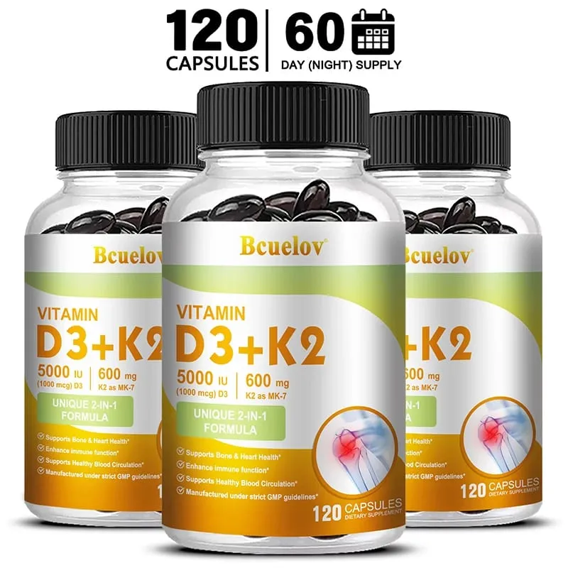 Bcuelov Vitamina D3 + K2 5000 UI Vitamina D3 fórmula não OGM fácil de engolir suplemento dietético complexo de vitamina D e K — image 10