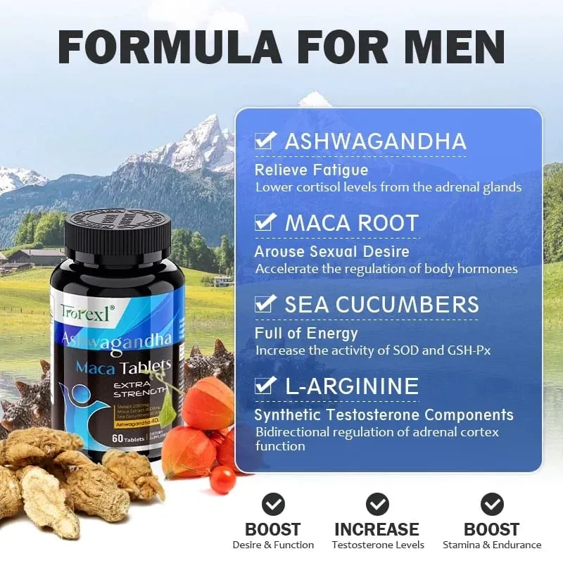 Ashwagandha Capsules Men's Test Booster - Stamina Endurance & Strength - 60 Caplets