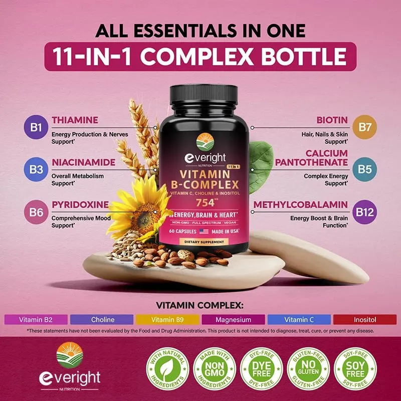 Vitamin B Complex for Energy Brain & Heart Support - with B1 B2 B3 B5 B6 B7 B8 B9 B12 with Vitamin C Choline Inositol — image 2