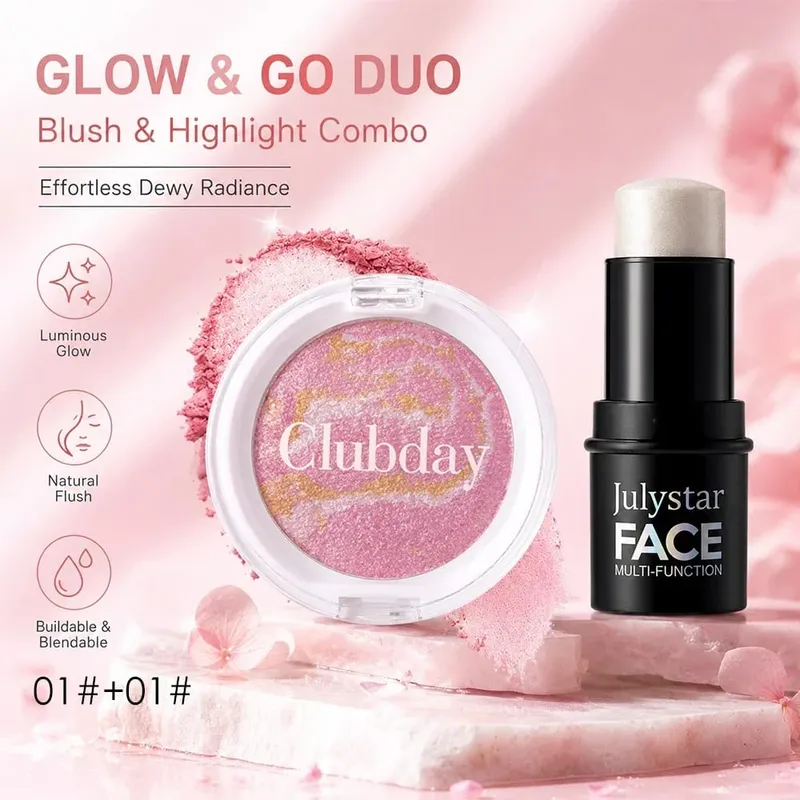Conjunto combinado de blush e destaque, acabamento orvalhado luminoso, cor edificável, uso de longa duração para maquiagem facial com brilho natural