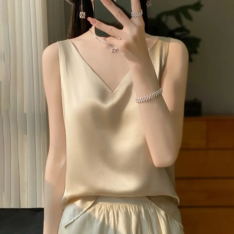 新款Lce絲緞吊帶背心女春夏純色無袖性感舒適絲質內衣背心RW-D09