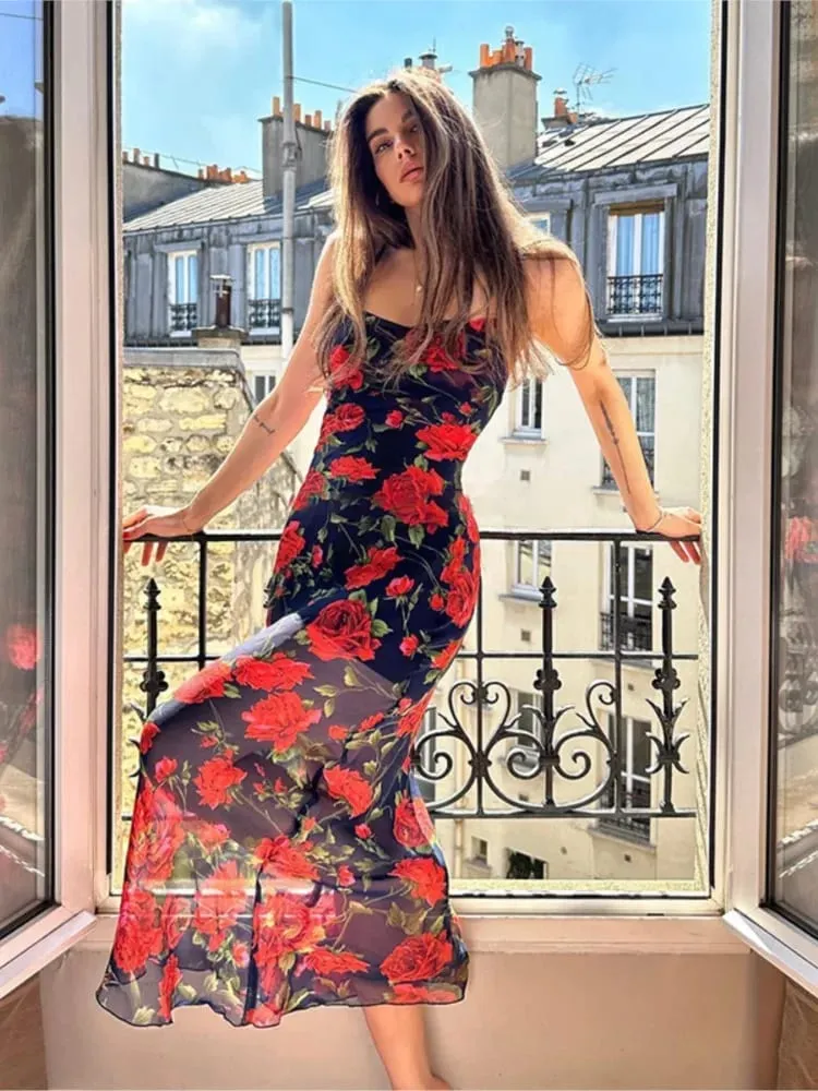 Flowers Print Spaghetti Strap Dresses Women Temperament Package Hip Bodycon Long Dress Fashion Sexy Backless Lady Slim Vestidos