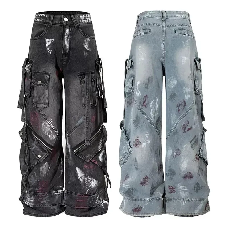 2000s y2k indústria pesada calças de arrasto gótico multi-bolso hip hop calças de perna larga lavadas calças de brim pretas homens e mulheres calças de rua