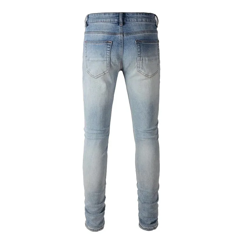 Homens de cristal remendo jeans jeans streetwear azul retalhos calças estiramento rasgado angustiado magro cônico calças