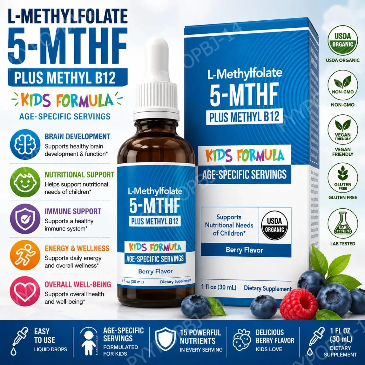 Gotas líquidas infantis de L-Metilfolato 5-MTHF com suporte de folato ativo de metil B12 1 fl oz USDA orgânico vegano não OGM — image 1