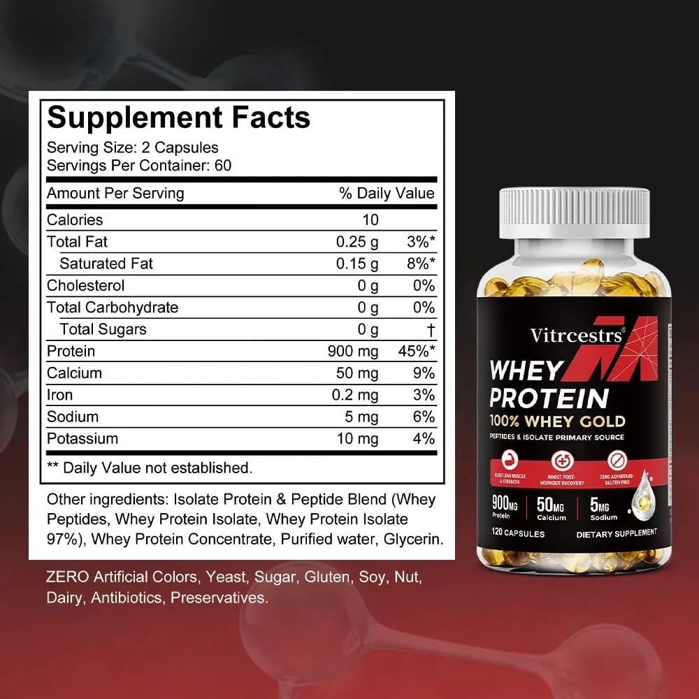 Cápsulas de concentrado de proteína de soro de leite - 900mg de proteína, recuperação pós-treino, saúde muscular e imunidade, sem glúten, não OGM