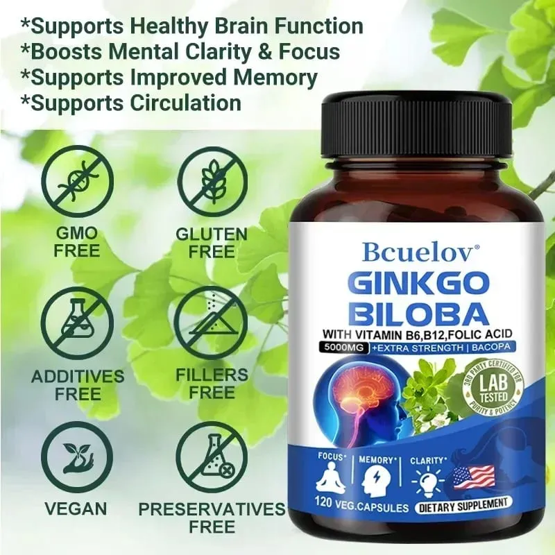 Ginkgo Biloba 5000 mg Força Extra - Suporta Função Cerebral e Foco na Memória Alívio do Estresse 120 Cápsulas Vegetais