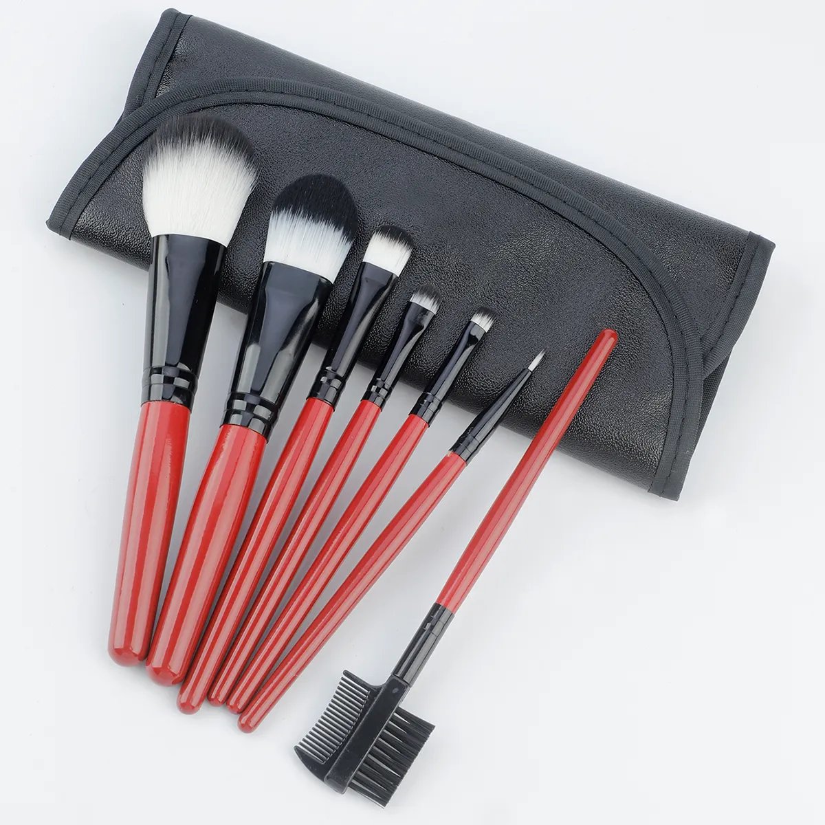Conjunto de pincéis de maquiagem com cabo vermelho vinho, 7 peças, com bolsa de armazenamento de couro pu, cerdas macias, pó, blush, sombra, kit de pincéis cosméticos