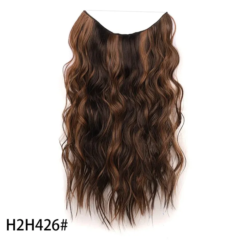 Extensões de cabelo de fio invisível sintético longo 4 clipes em onda encaracolado peruca para mulheres 20 Polegada extensões de cabelo de linha de peixe secreto